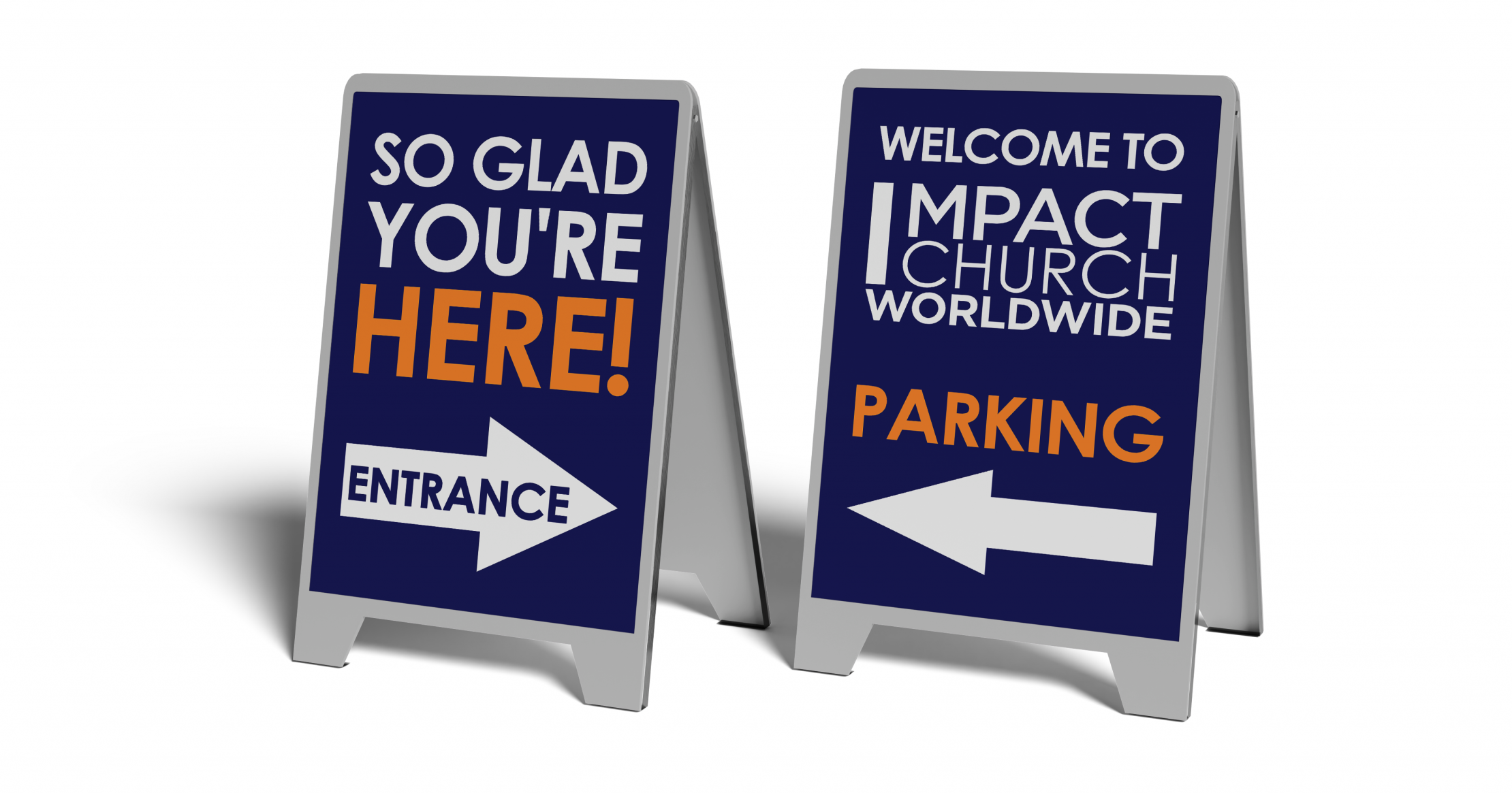 wo A-frame church signs showing entrance and parking directions with bold text and arrows