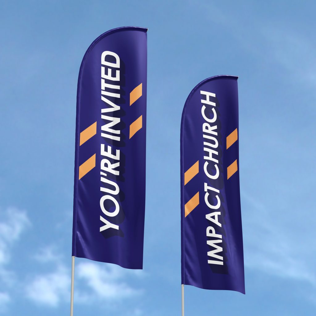 Outdoor feather flag banners designed for church wayfinding and visitor welcome signage at a building entrance.