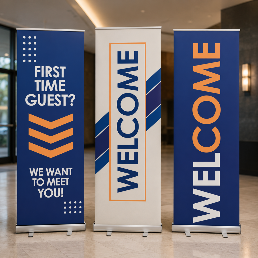 Retractable welcome banners displayed in a church lobby featuring first-time guest and welcome center signage for Impact Church Worldwide.