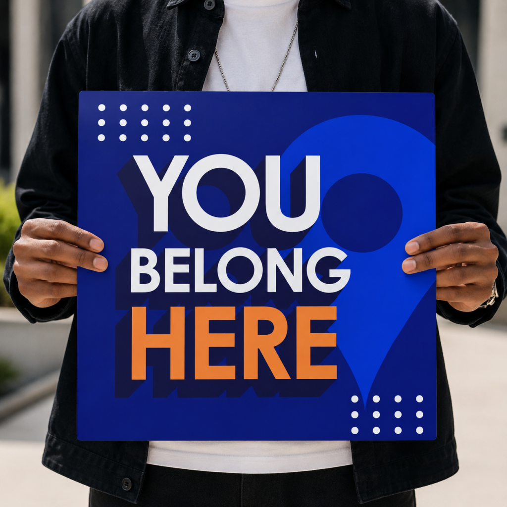 Person holding a custom You Belong Here welcome sign designed for church guest experience and visitor engagement.