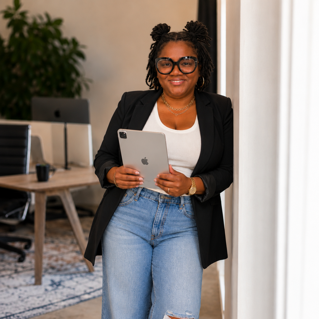 Andrea Smith holding a tablet in a modern office environment, representing content creation, website management, SEO, and ongoing marketing support for small businesses.